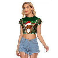 Scottish Christmas Raglan Cropped T Shirt Highland Cattle-Xmas Tartan Stripes Style Green Color - Wonder Print Shop