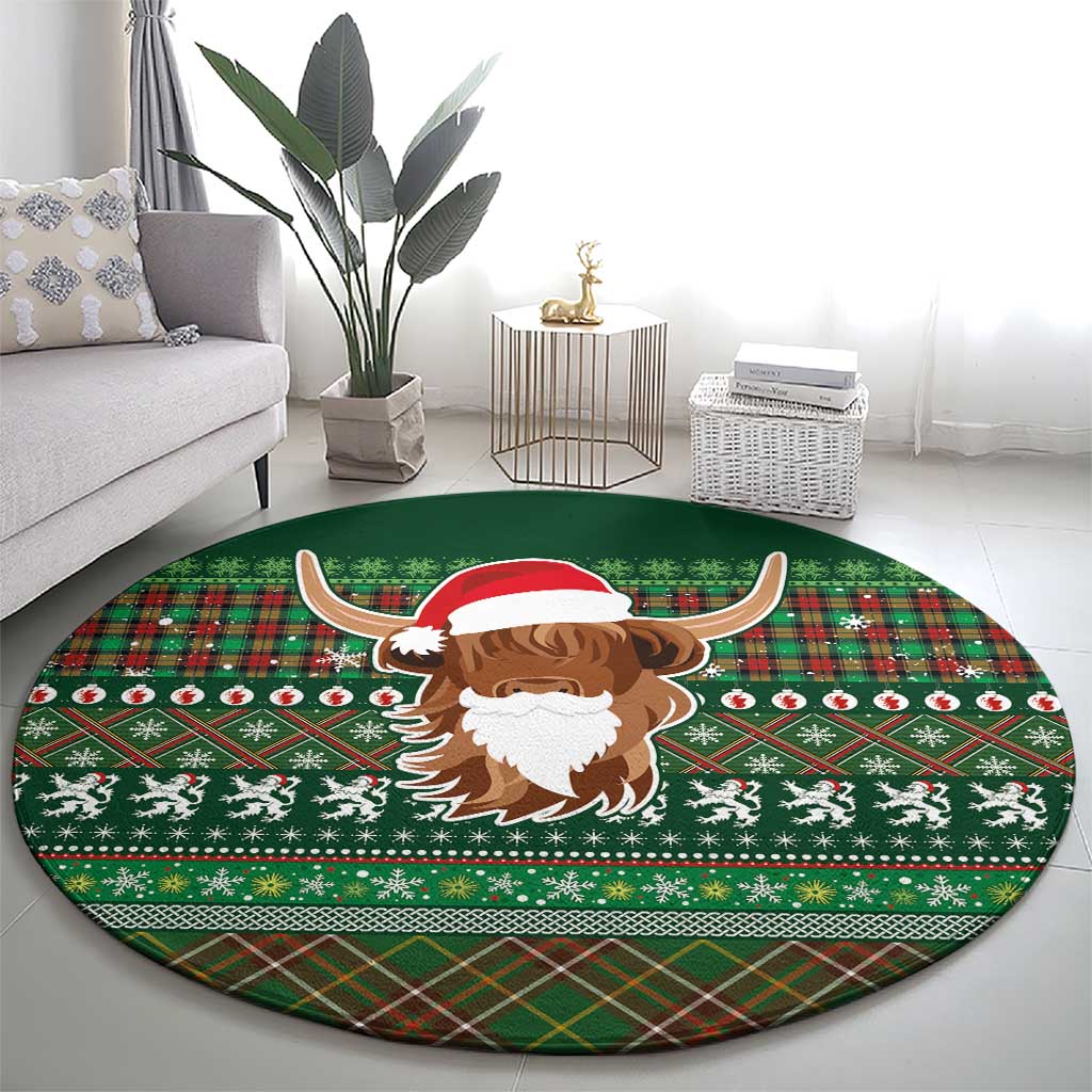 Scottish Christmas Round Carpet Highland Cattle-Xmas Tartan Stripes Style Green Color - Wonder Print Shop