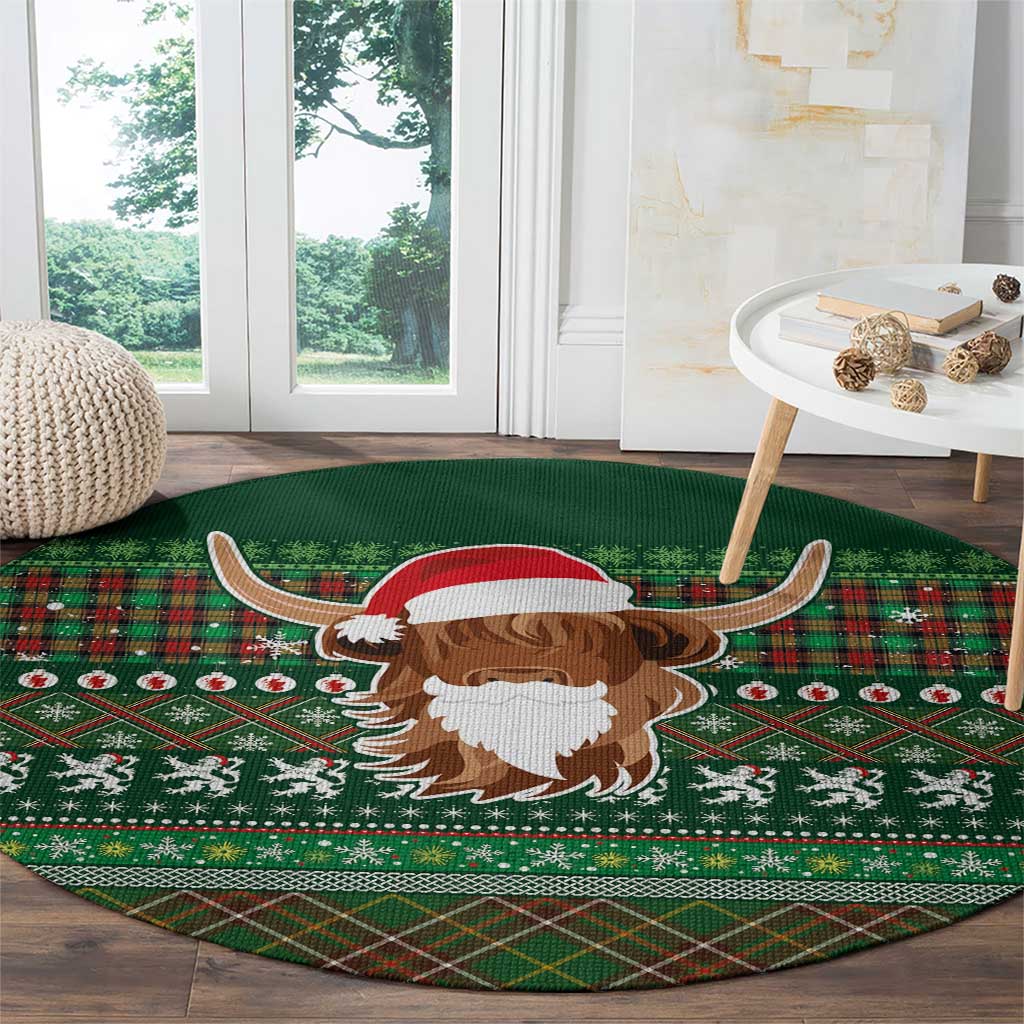 Scottish Christmas Round Carpet Highland Cattle-Xmas Tartan Stripes Style Green Color - Wonder Print Shop