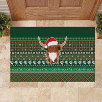 Scottish Christmas Rubber Doormat Highland Cattle-Xmas Tartan Stripes Style Green Color - Wonder Print Shop