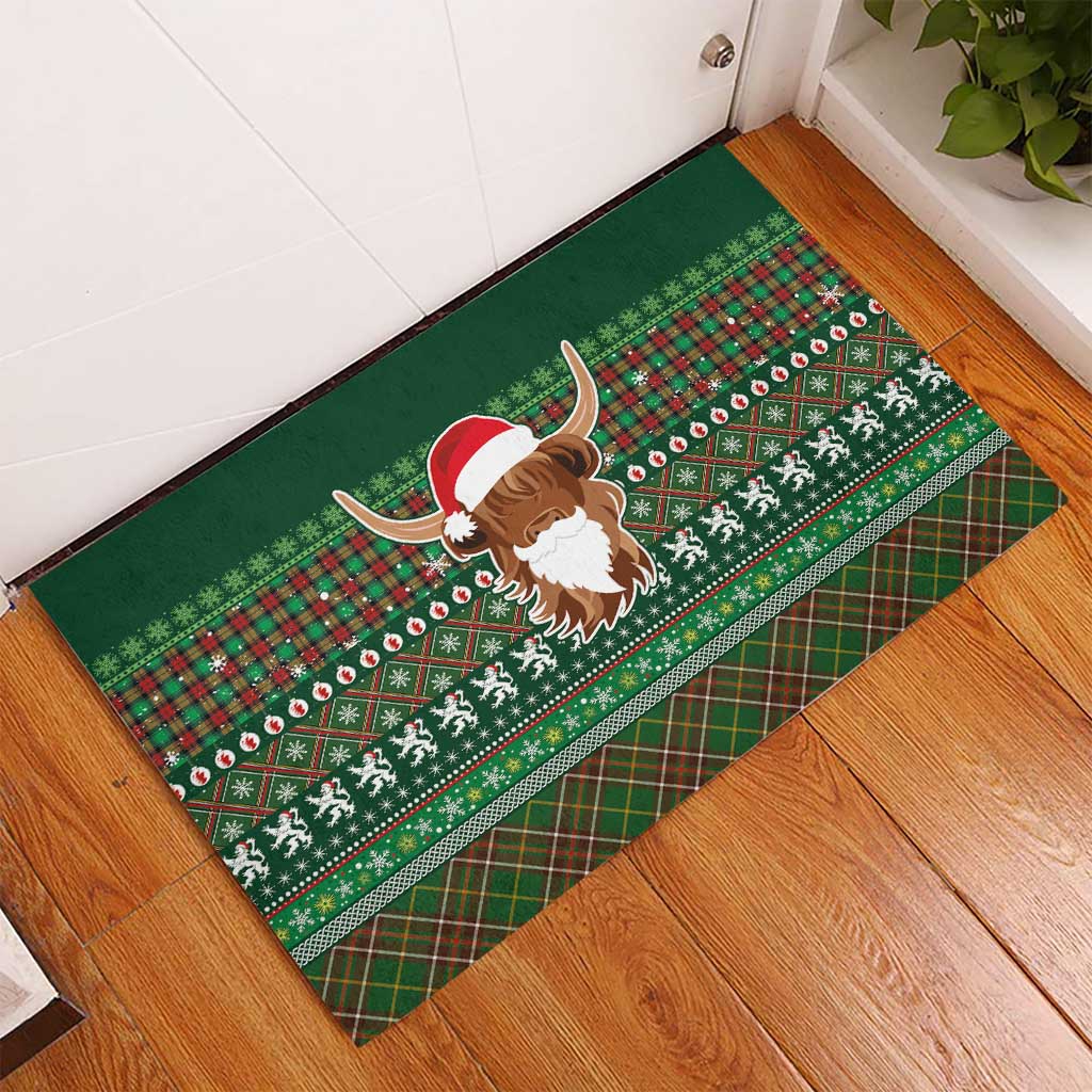 Scottish Christmas Rubber Doormat Highland Cattle-Xmas Tartan Stripes Style Green Color - Wonder Print Shop