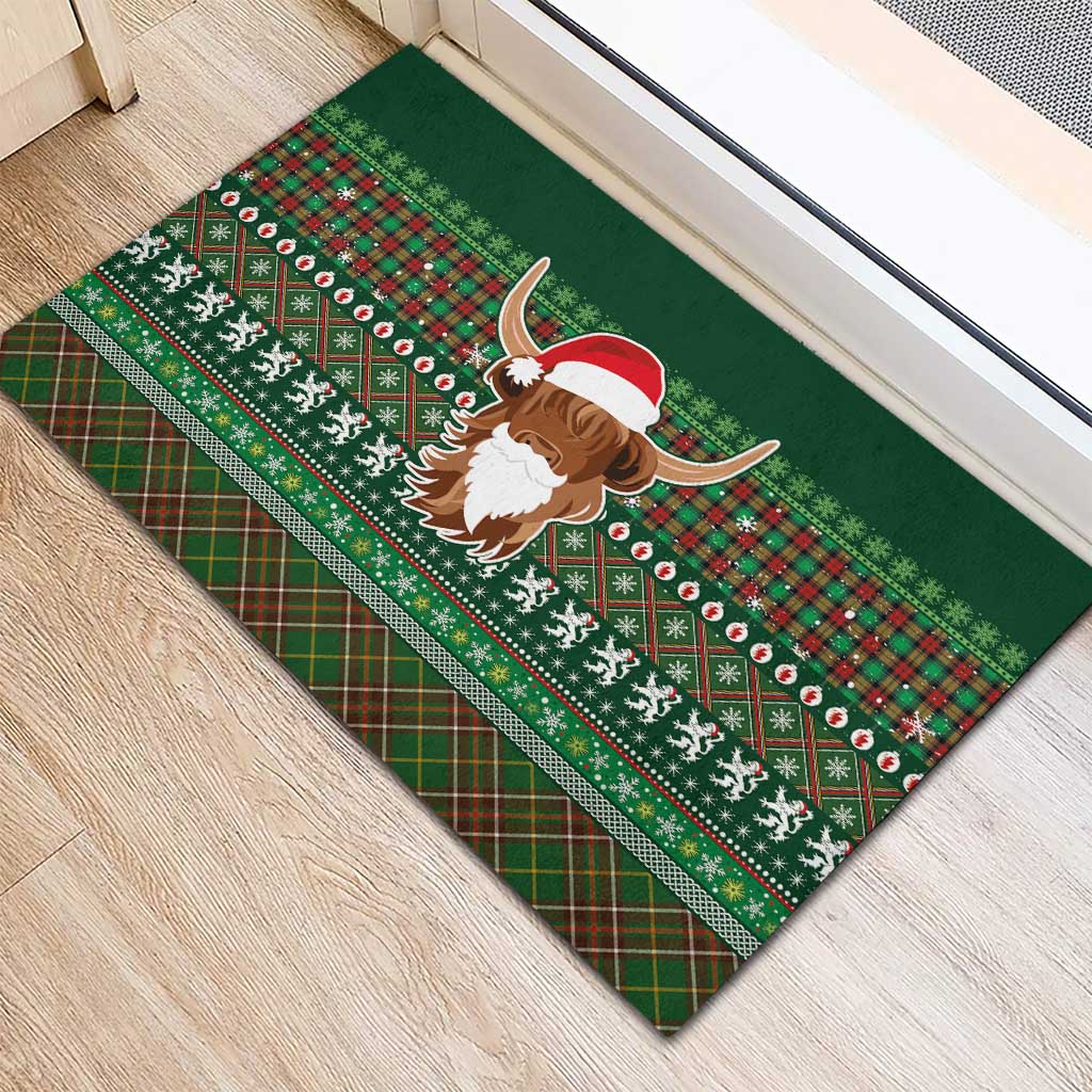 Scottish Christmas Rubber Doormat Highland Cattle-Xmas Tartan Stripes Style Green Color - Wonder Print Shop