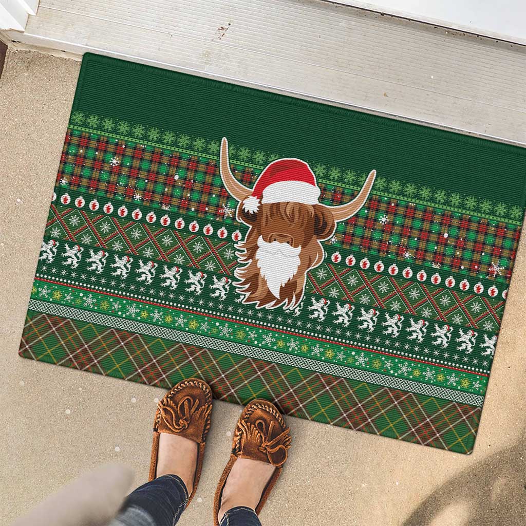 Scottish Christmas Rubber Doormat Highland Cattle-Xmas Tartan Stripes Style Green Color - Wonder Print Shop