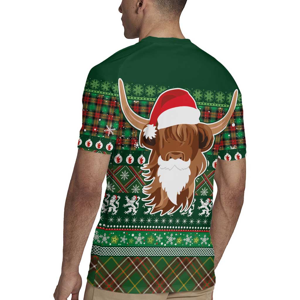 Scottish Christmas Rugby Jersey Highland Cattle-Xmas Tartan Stripes Style Green Color - Wonder Print Shop