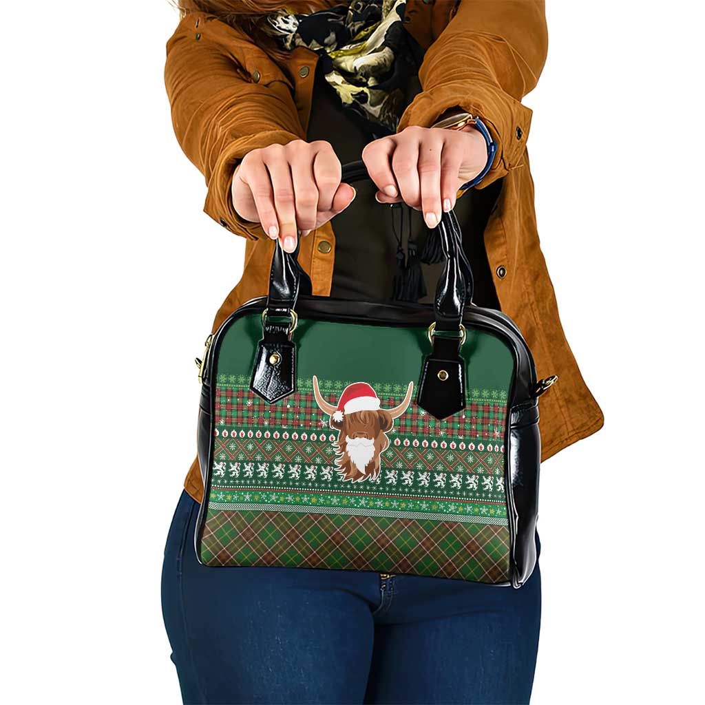 Scottish Christmas Shoulder Handbag Highland Cattle-Xmas Tartan Stripes Style Green Color - Wonder Print Shop