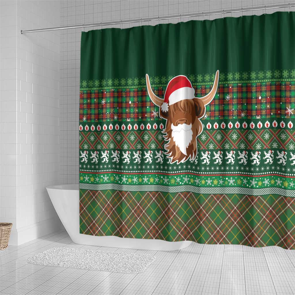 Scottish Christmas Shower Curtain Highland Cattle-Xmas Tartan Stripes Style Green Color - Wonder Print Shop