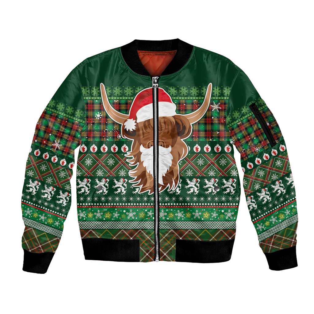 Scottish Christmas Sleeve Zip Bomber Jacket Highland Cattle-Xmas Tartan Stripes Style Green Color - Wonder Print Shop