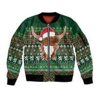 Scottish Christmas Sleeve Zip Bomber Jacket Highland Cattle-Xmas Tartan Stripes Style Green Color - Wonder Print Shop