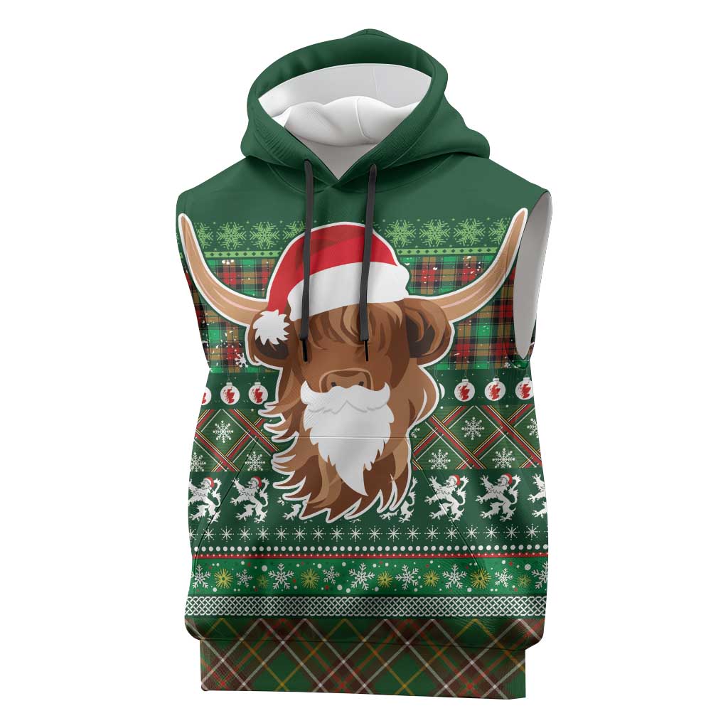 Scottish Christmas Sleeveless Hoodie Highland Cattle-Xmas Tartan Stripes Style Green Color - Wonder Print Shop