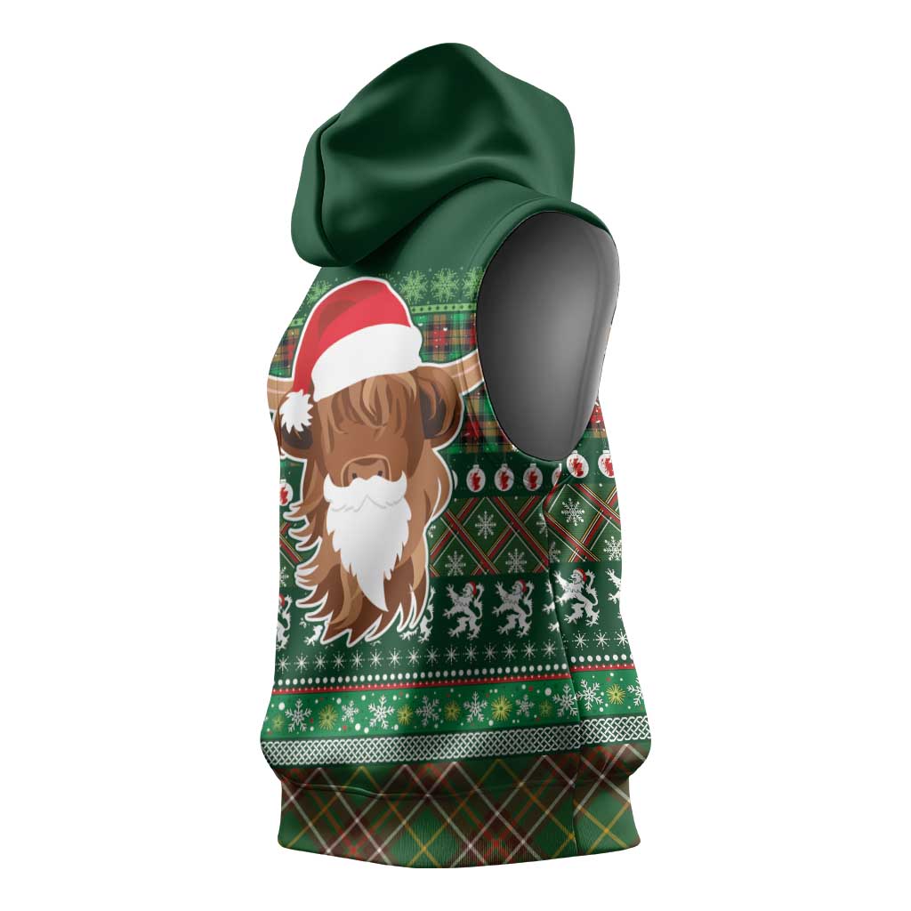 Scottish Christmas Sleeveless Hoodie Highland Cattle-Xmas Tartan Stripes Style Green Color - Wonder Print Shop
