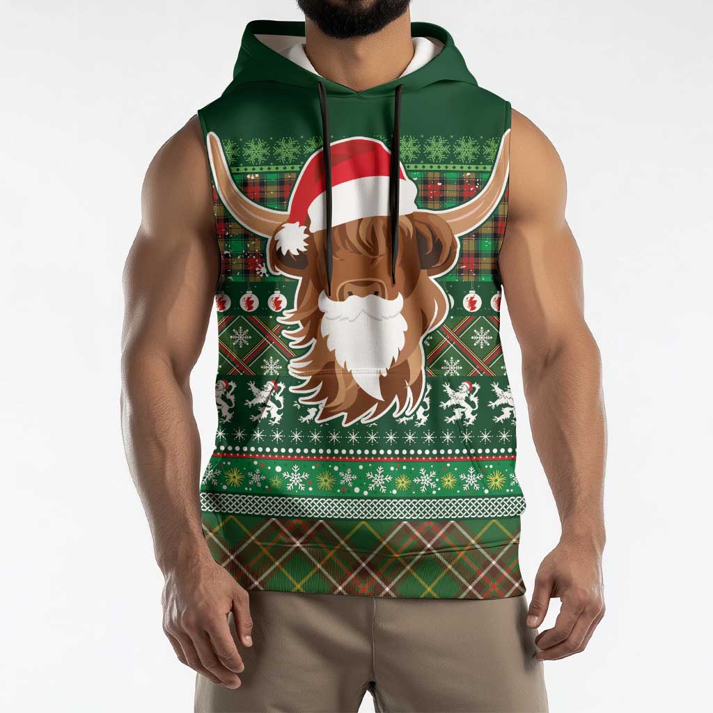 Scottish Christmas Sleeveless Hoodie Highland Cattle-Xmas Tartan Stripes Style Green Color - Wonder Print Shop