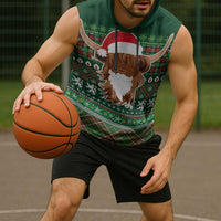 Scottish Christmas Sleeveless Hoodie Highland Cattle-Xmas Tartan Stripes Style Green Color - Wonder Print Shop