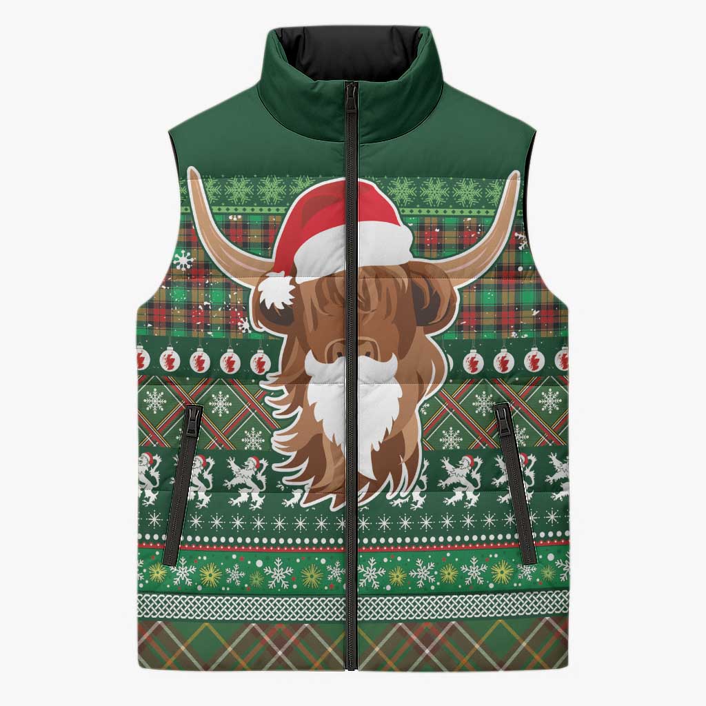 Scottish Christmas Sleeveless Puffer Jacket Highland Cattle-Xmas Tartan Stripes Style Green Color - Wonder Print Shop