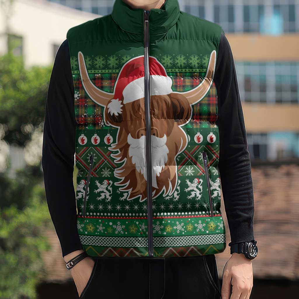 Scottish Christmas Sleeveless Puffer Jacket Highland Cattle-Xmas Tartan Stripes Style Green Color - Wonder Print Shop