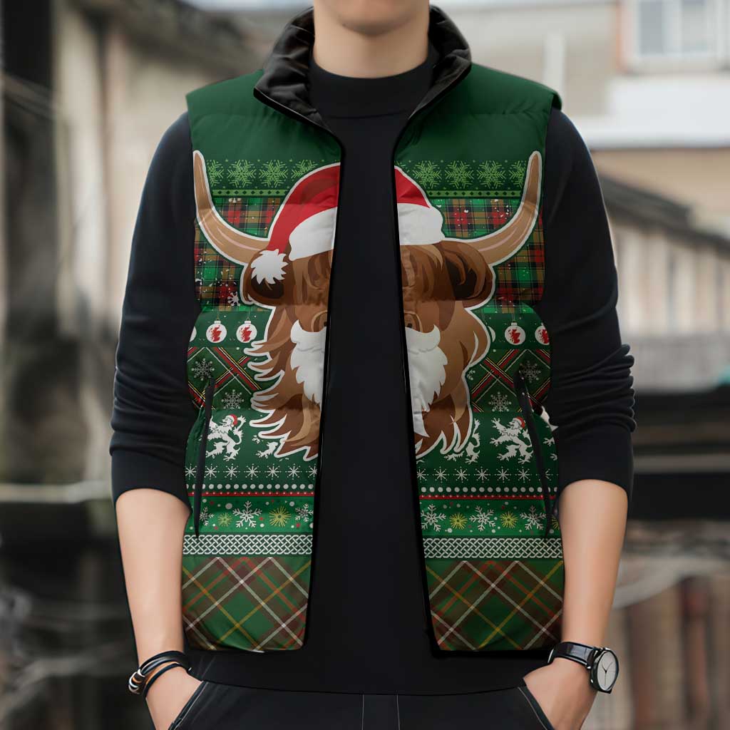 Scottish Christmas Sleeveless Puffer Jacket Highland Cattle-Xmas Tartan Stripes Style Green Color - Wonder Print Shop