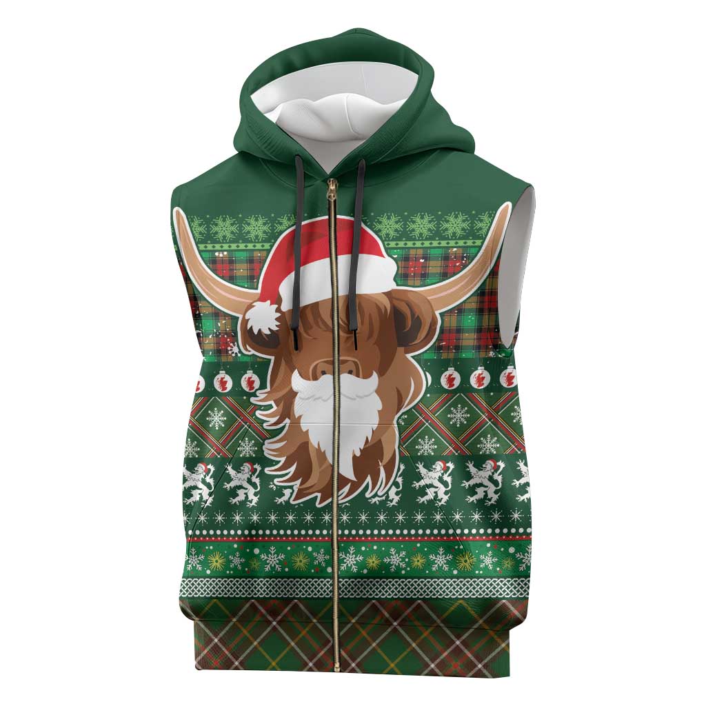Scottish Christmas Sleeveless Zip Hoodie Highland Cattle-Xmas Tartan Stripes Style Green Color - Wonder Print Shop