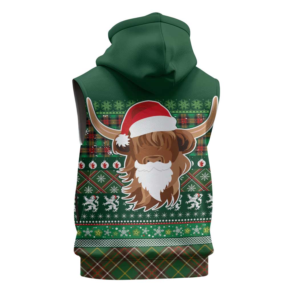 Scottish Christmas Sleeveless Zip Hoodie Highland Cattle-Xmas Tartan Stripes Style Green Color - Wonder Print Shop