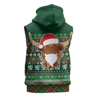 Scottish Christmas Sleeveless Zip Hoodie Highland Cattle-Xmas Tartan Stripes Style Green Color - Wonder Print Shop