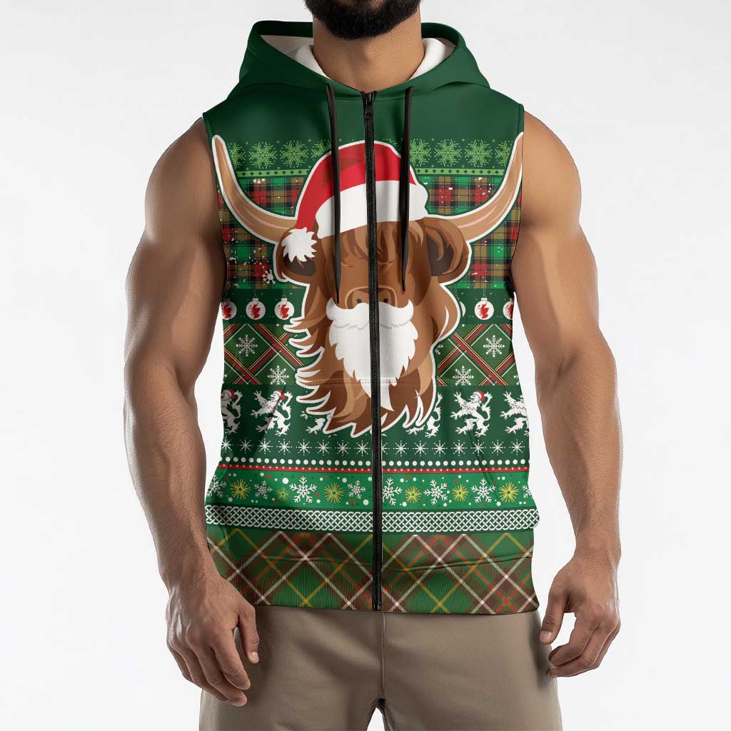 Scottish Christmas Sleeveless Zip Hoodie Highland Cattle-Xmas Tartan Stripes Style Green Color - Wonder Print Shop
