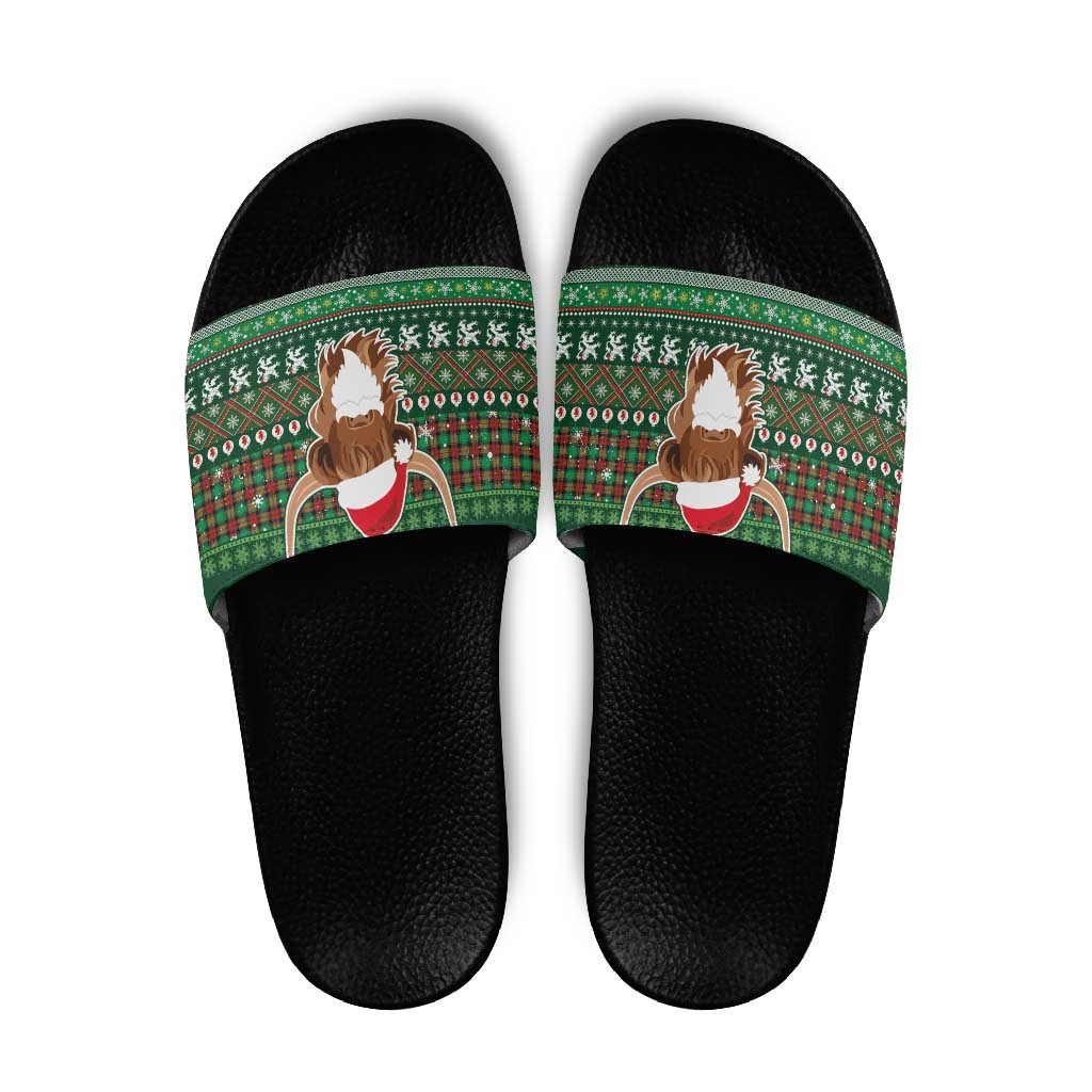 Scottish Christmas Slide Sandals Highland Cattle-Xmas Tartan Stripes Style Green Color - Wonder Print Shop