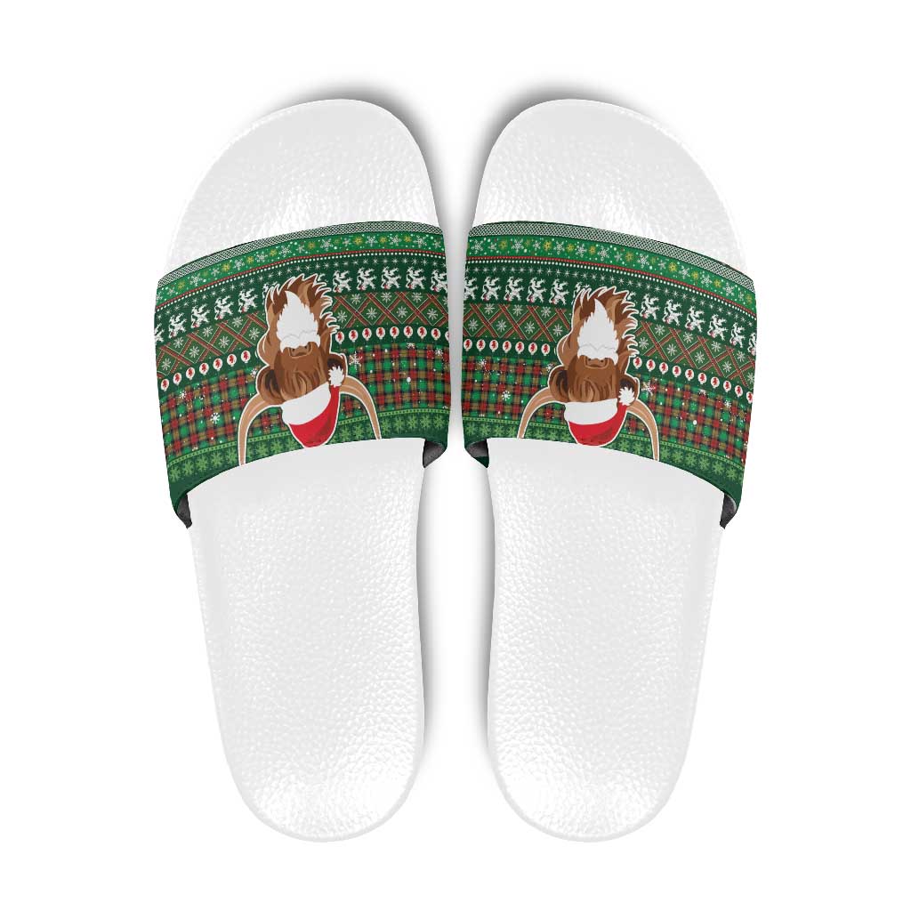 Scottish Christmas Slide Sandals Highland Cattle-Xmas Tartan Stripes Style Green Color - Wonder Print Shop