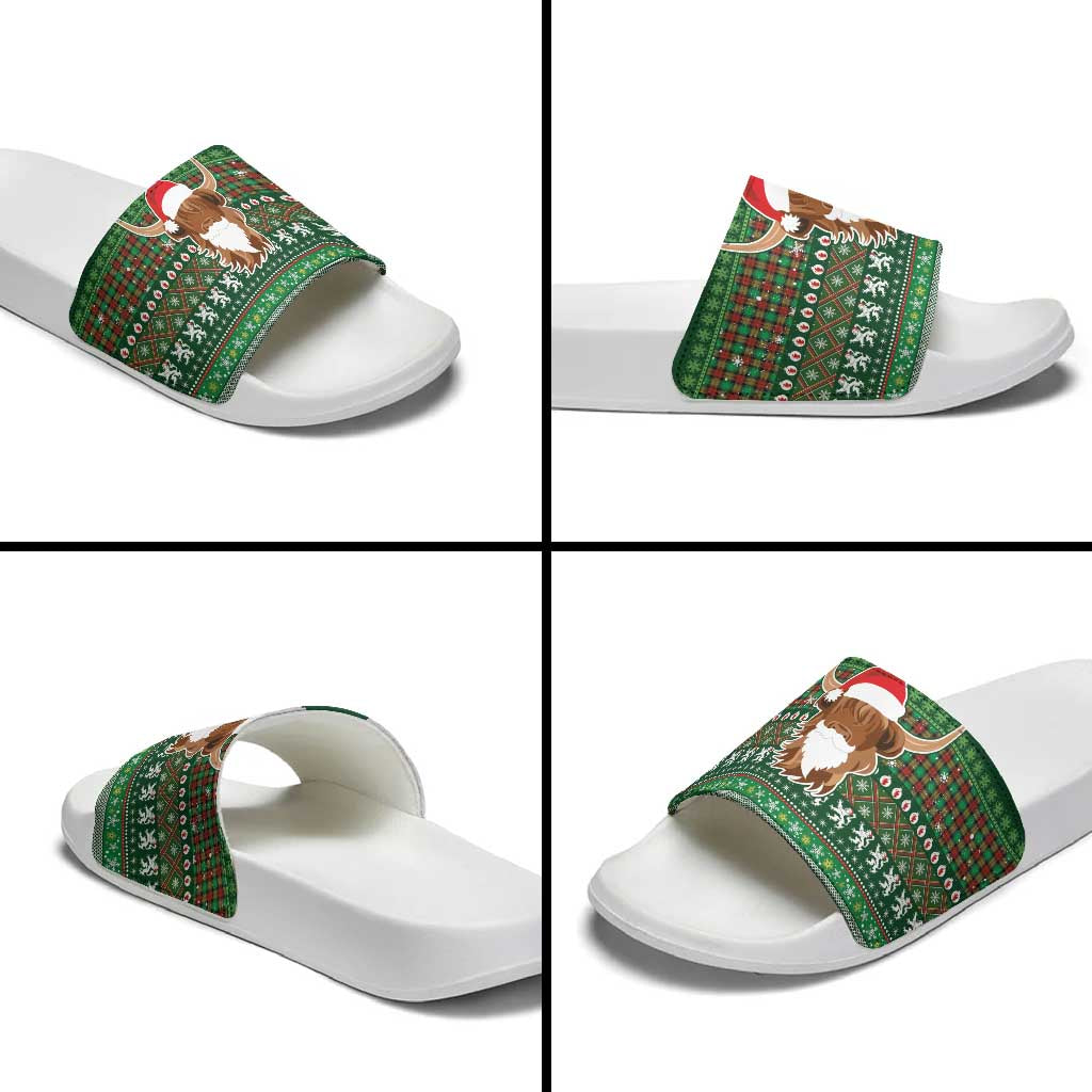 Scottish Christmas Slide Sandals Highland Cattle-Xmas Tartan Stripes Style Green Color - Wonder Print Shop