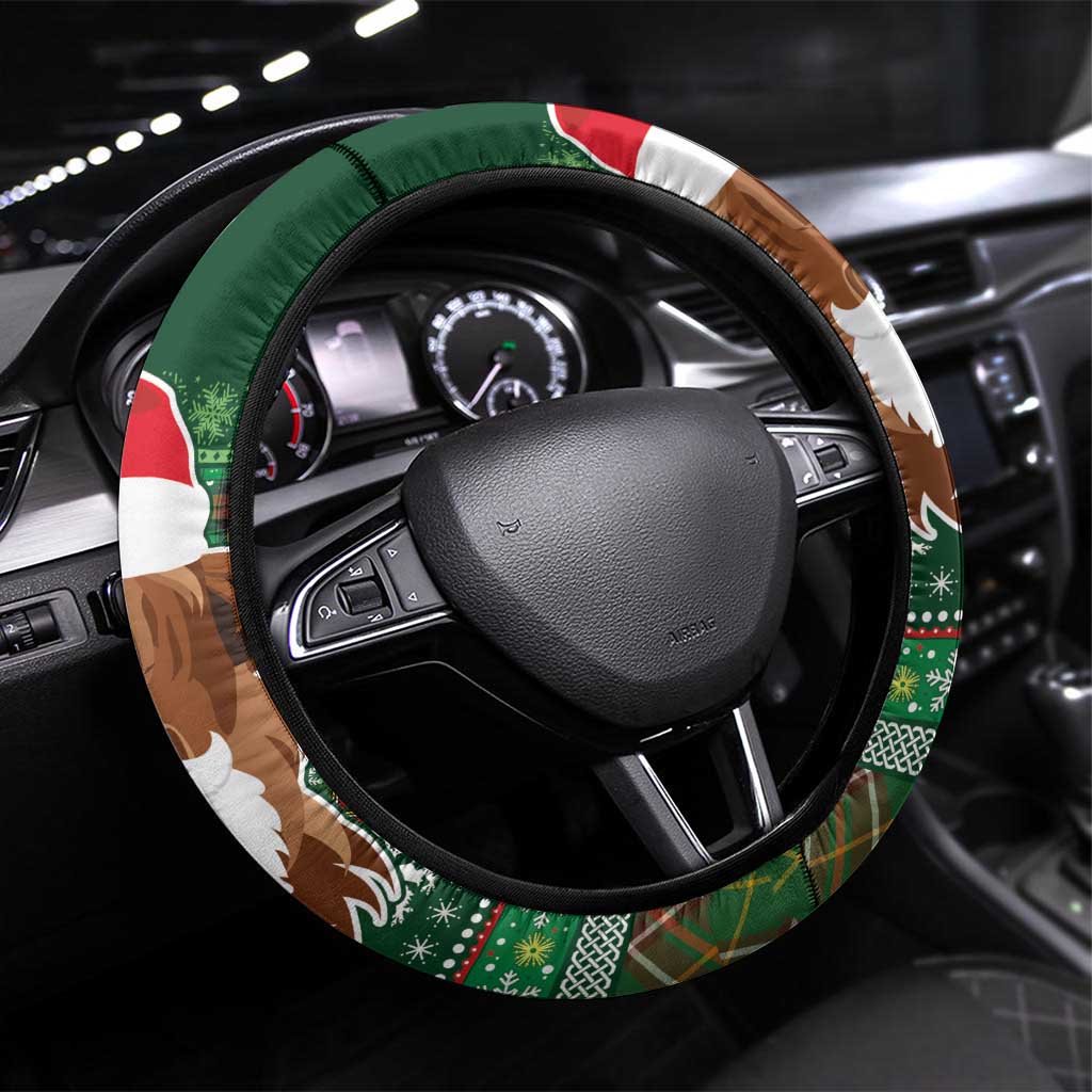 Scottish Christmas Steering Wheel Cover Highland Cattle-Xmas Tartan Stripes Style Green Color - Wonder Print Shop