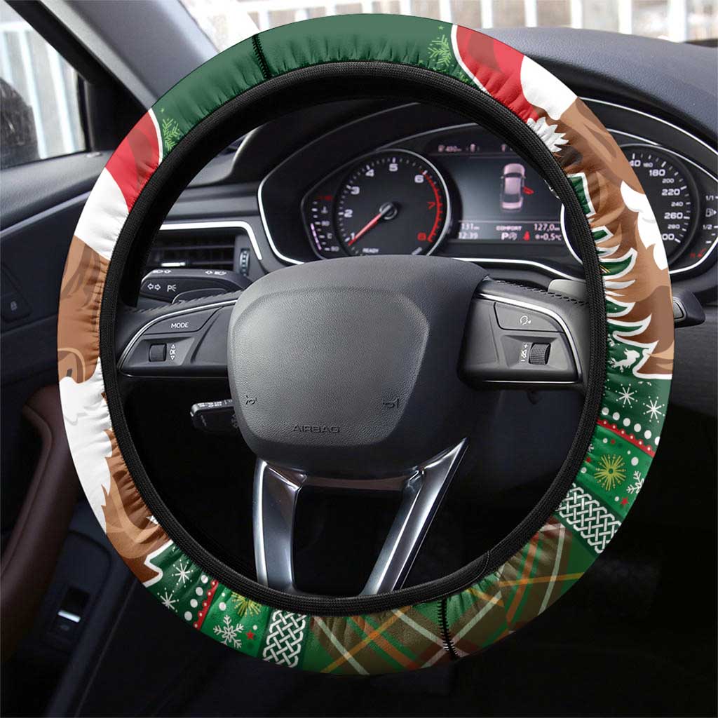 Scottish Christmas Steering Wheel Cover Highland Cattle-Xmas Tartan Stripes Style Green Color - Wonder Print Shop