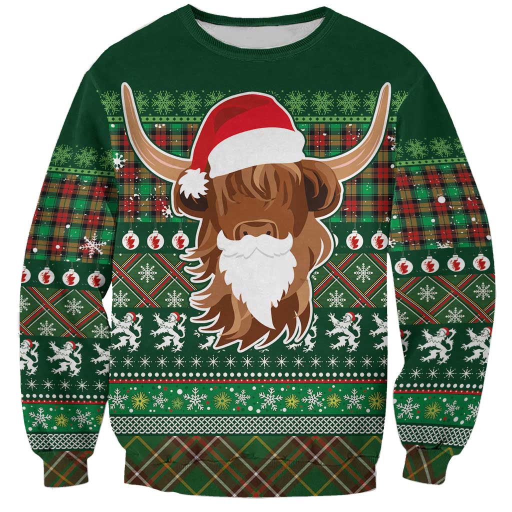 Scottish Christmas Sweatshirt Highland Cattle-Xmas Tartan Stripes Style Green Color - Wonder Print Shop