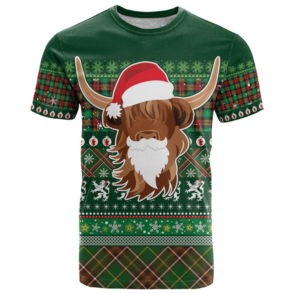 Scottish Christmas T Shirt Highland Cattle-Xmas Tartan Stripes Style Green Color - Wonder Print Shop