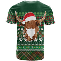 Scottish Christmas T Shirt Highland Cattle-Xmas Tartan Stripes Style Green Color - Wonder Print Shop