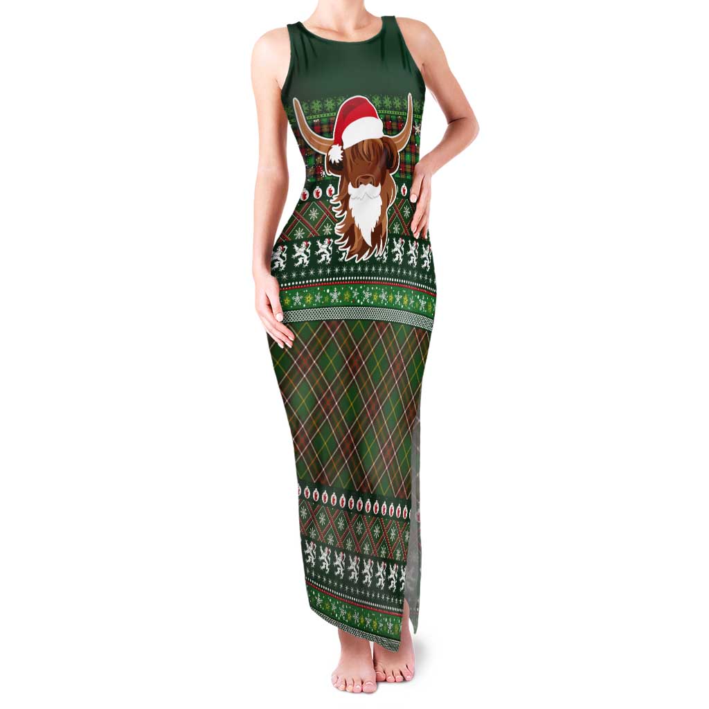 Scottish Christmas Tank Maxi Dress Highland Cattle-Xmas Tartan Stripes Style Green Color - Wonder Print Shop