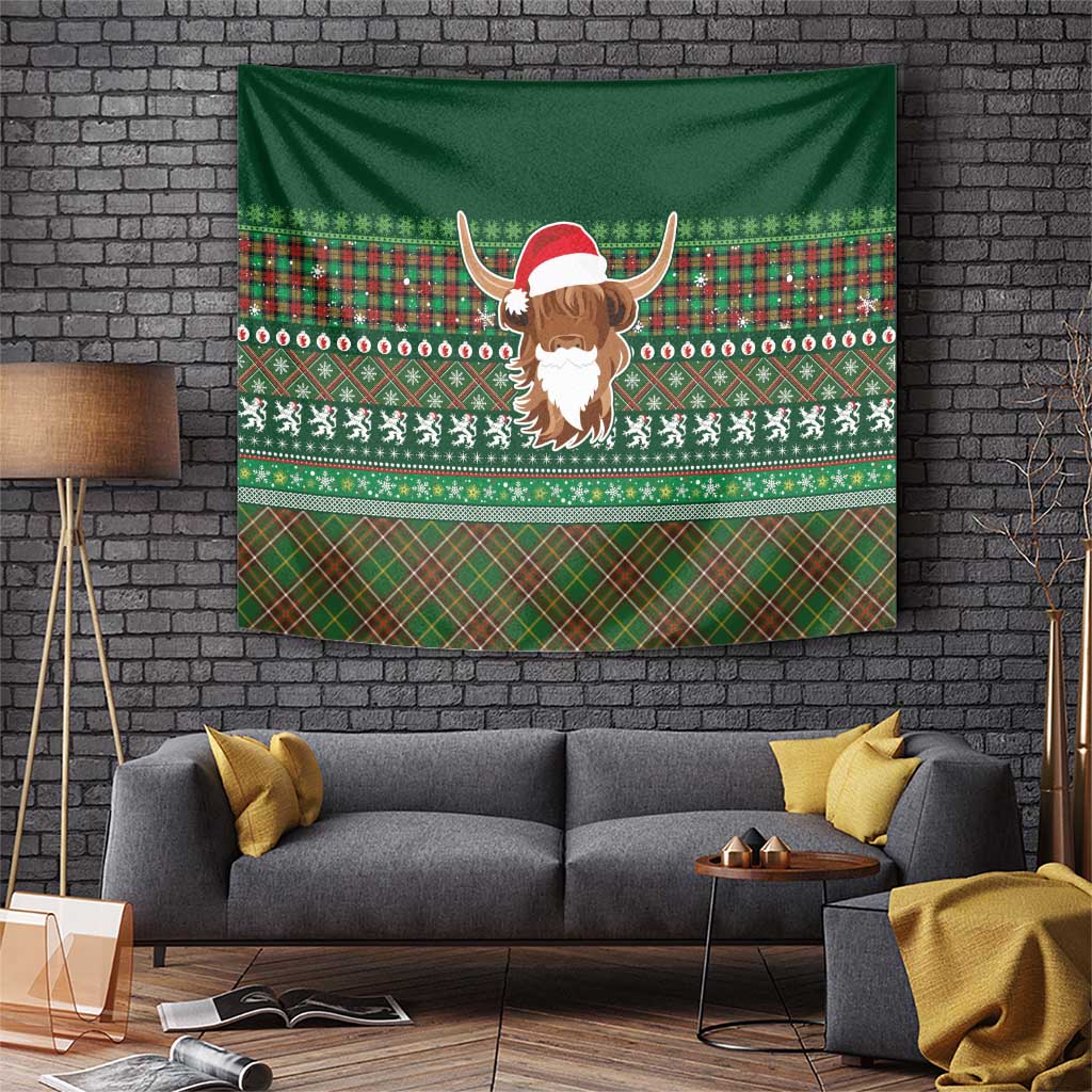 Scottish Christmas Tapestry Highland Cattle-Xmas Tartan Stripes Style Green Color - Wonder Print Shop