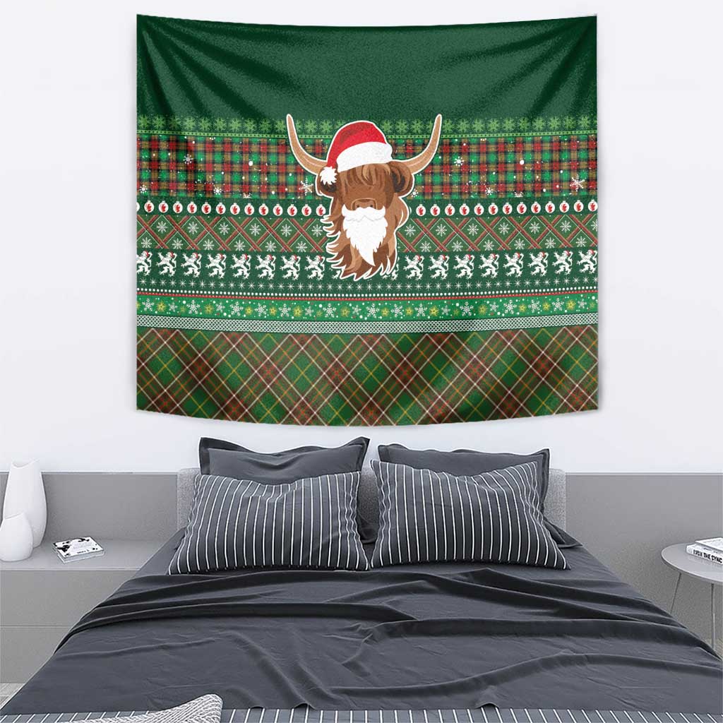 Scottish Christmas Tapestry Highland Cattle-Xmas Tartan Stripes Style Green Color - Wonder Print Shop