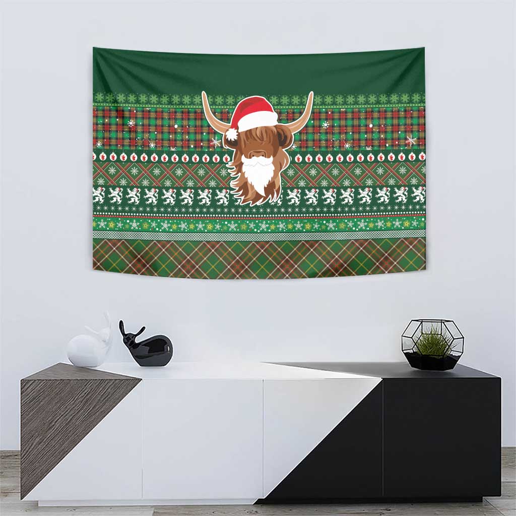 Scottish Christmas Tapestry Highland Cattle-Xmas Tartan Stripes Style Green Color - Wonder Print Shop