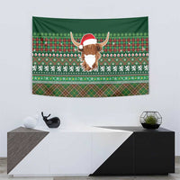 Scottish Christmas Tapestry Highland Cattle-Xmas Tartan Stripes Style Green Color - Wonder Print Shop