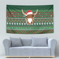 Scottish Christmas Tapestry Highland Cattle-Xmas Tartan Stripes Style Green Color - Wonder Print Shop