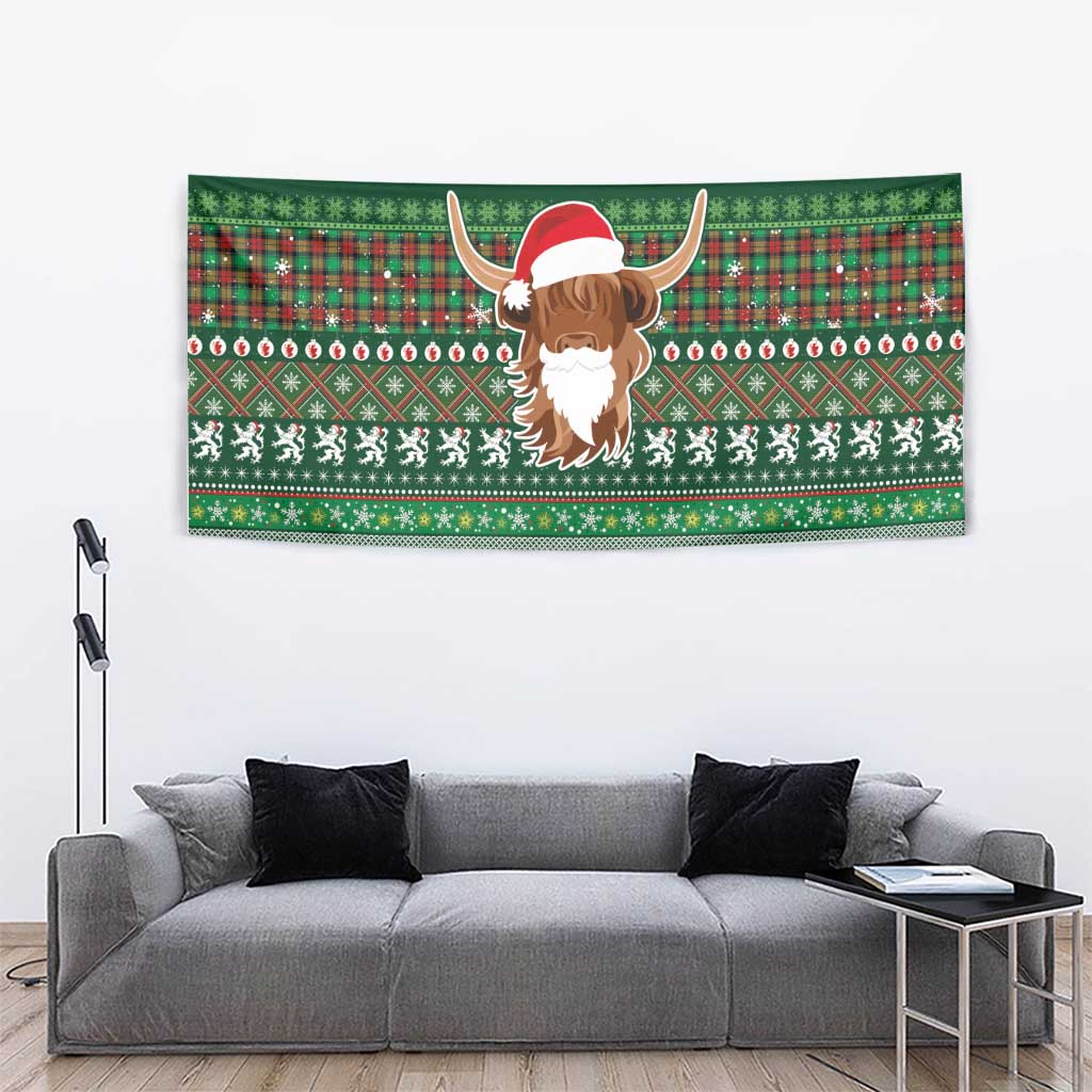 Scottish Christmas Tapestry Highland Cattle-Xmas Tartan Stripes Style Green Color - Wonder Print Shop