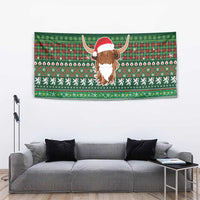 Scottish Christmas Tapestry Highland Cattle-Xmas Tartan Stripes Style Green Color - Wonder Print Shop