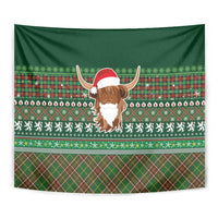 Scottish Christmas Tapestry Highland Cattle-Xmas Tartan Stripes Style Green Color - Wonder Print Shop
