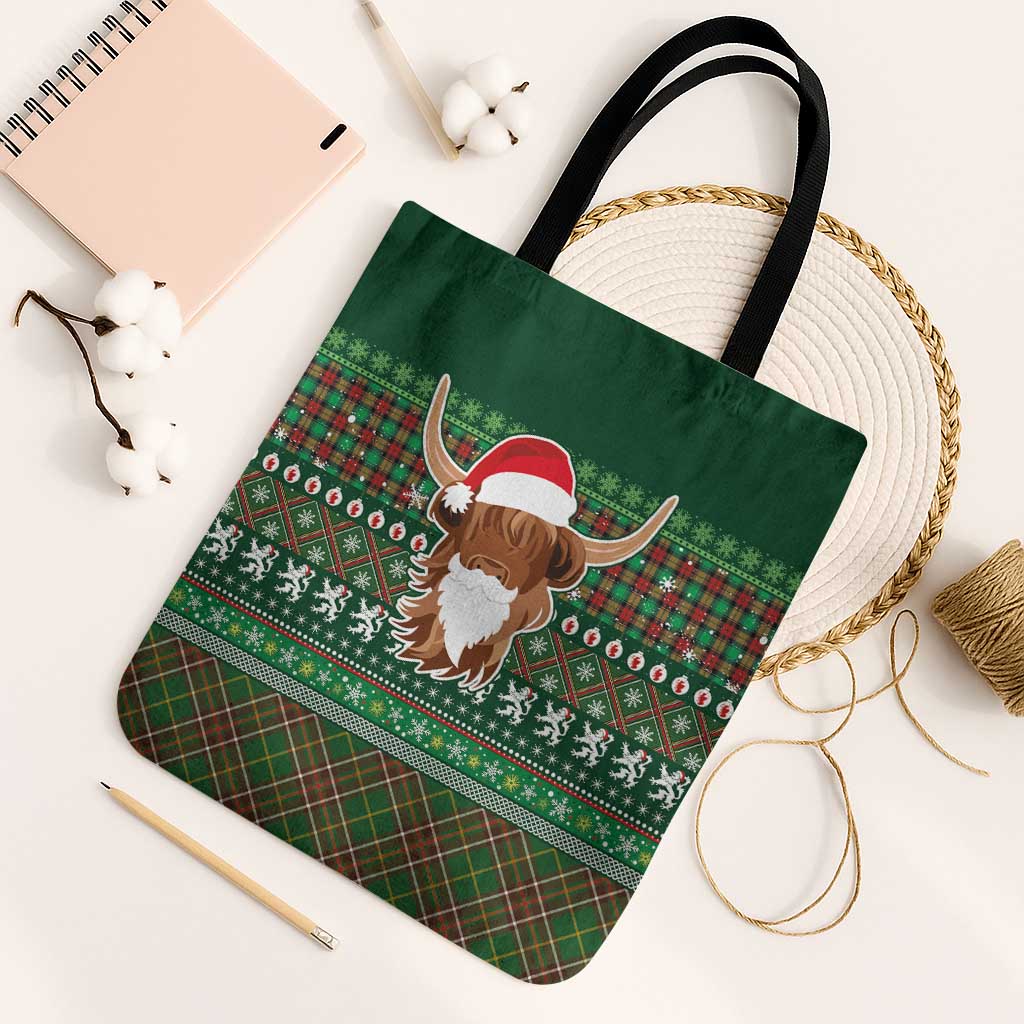 Scottish Christmas Tote Bag Highland Cattle-Xmas Tartan Stripes Style Green Color - Wonder Print Shop