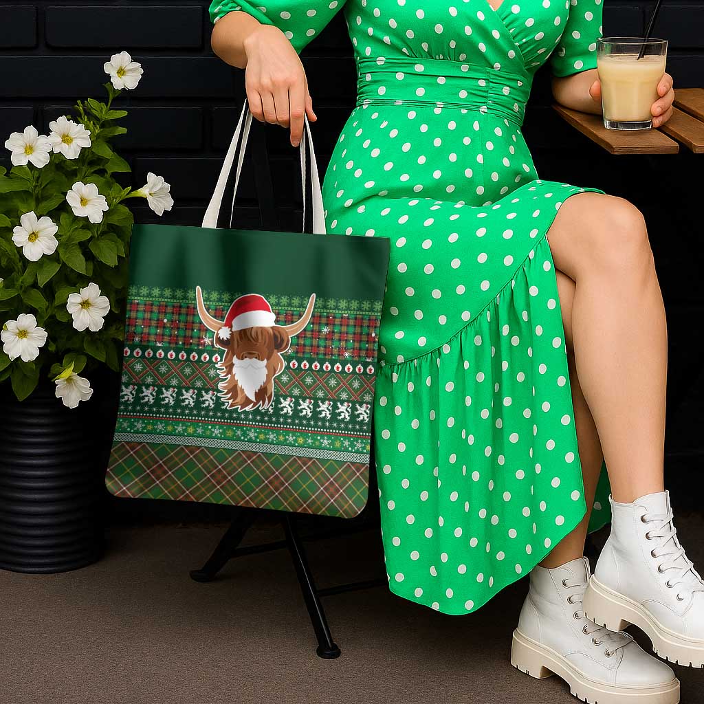 Scottish Christmas Tote Bag Highland Cattle-Xmas Tartan Stripes Style Green Color - Wonder Print Shop