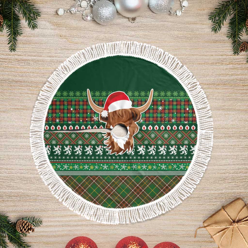 Scottish Christmas Tree Skirt Highland Cattle-Xmas Tartan Stripes Style Green Color - Wonder Print Shop