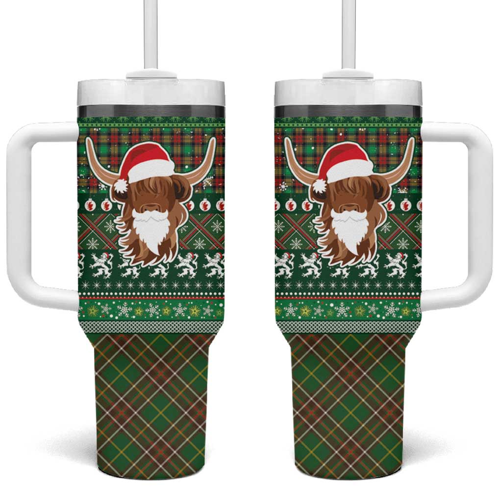 Scottish Christmas Tumbler With Handle Highland Cattle-Xmas Tartan Stripes Style Green Color - Wonder Print Shop