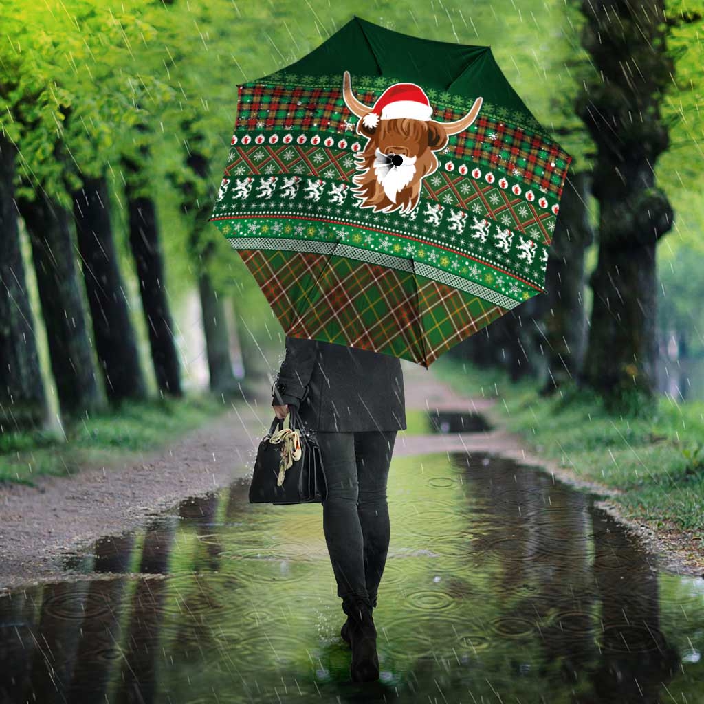 Scottish Christmas Umbrella Highland Cattle-Xmas Tartan Stripes Style Green Color - Wonder Print Shop