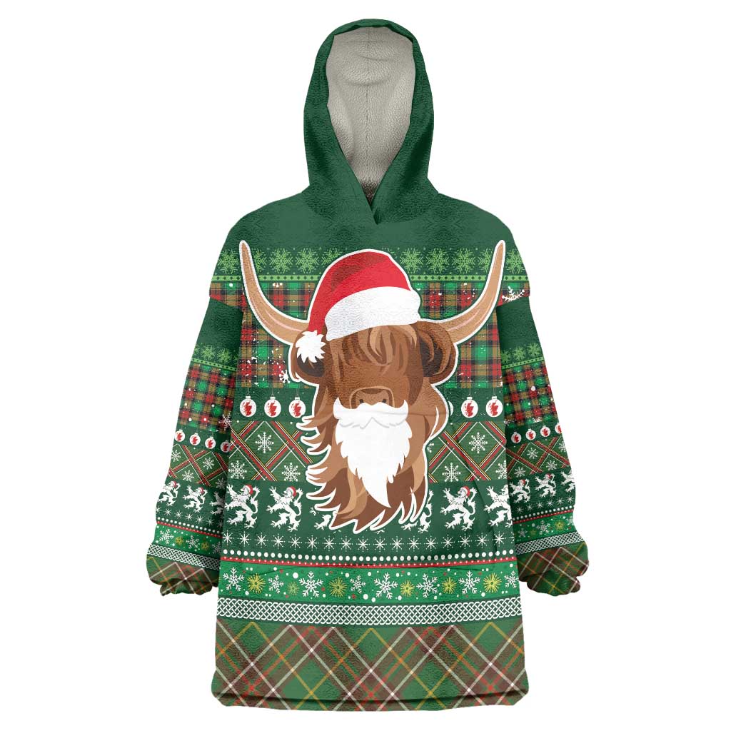 Scottish Christmas Wearable Blanket Hoodie Highland Cattle-Xmas Tartan Stripes Style Green Color - Wonder Print Shop