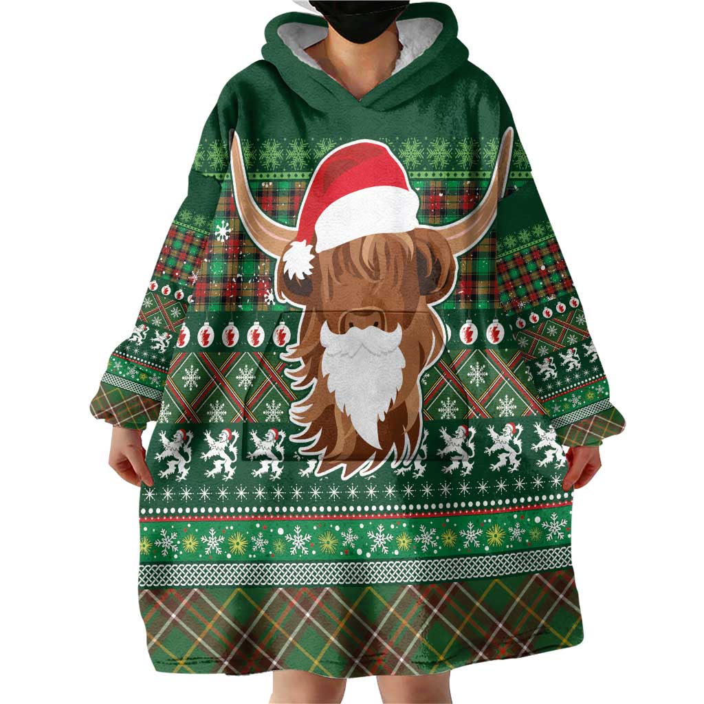Scottish Christmas Wearable Blanket Hoodie Highland Cattle-Xmas Tartan Stripes Style Green Color - Wonder Print Shop