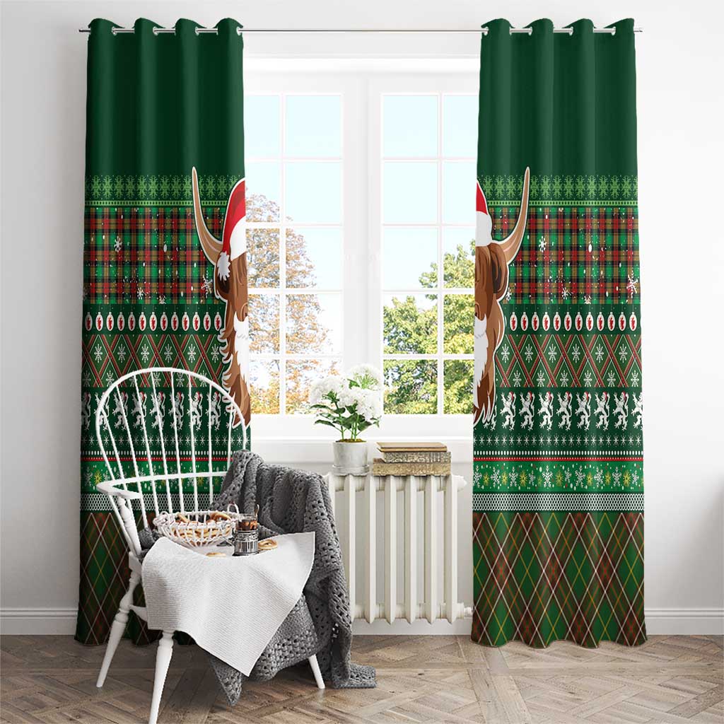 Scottish Christmas Window Curtain Highland Cattle-Xmas Tartan Stripes Style Green Color - Wonder Print Shop