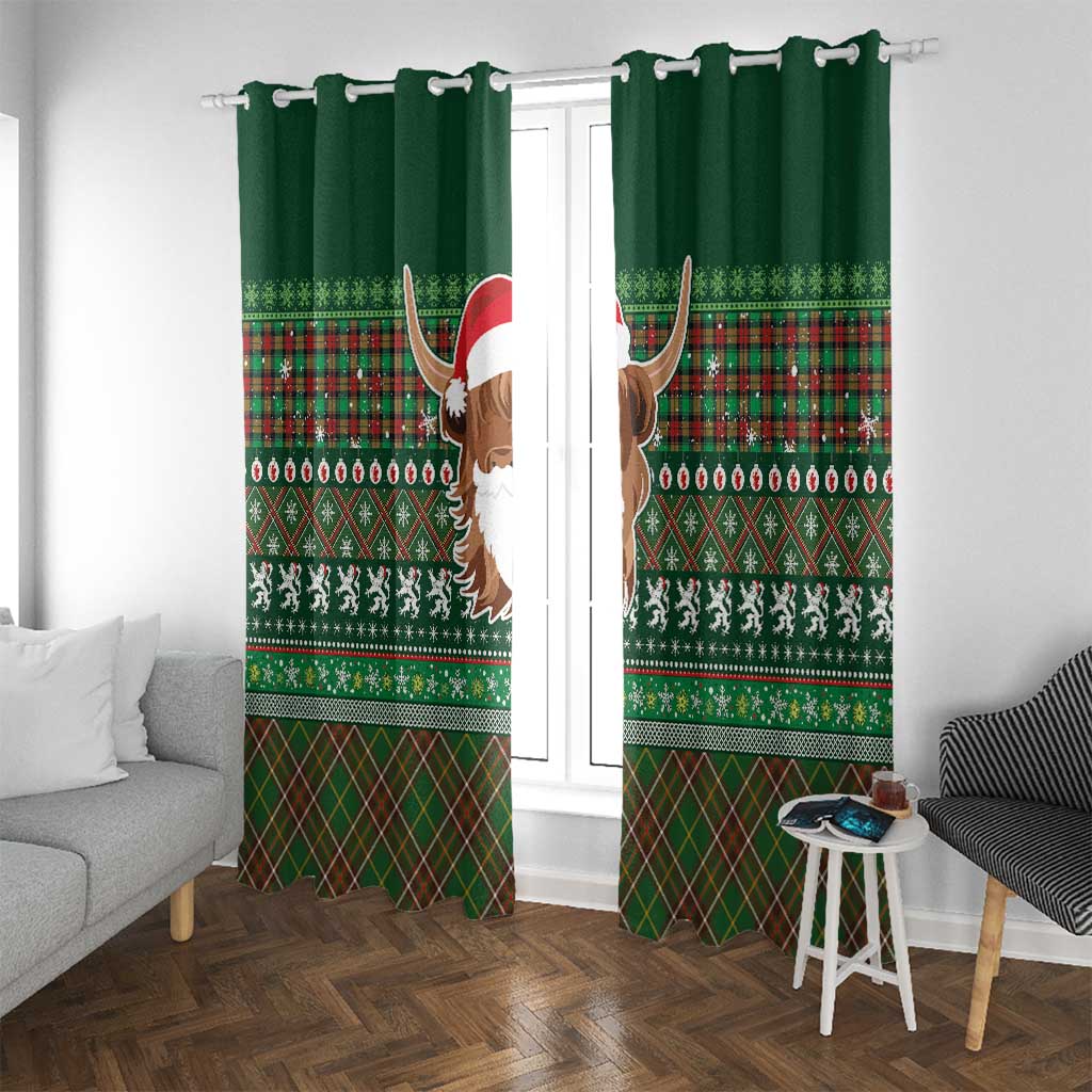 Scottish Christmas Window Curtain Highland Cattle-Xmas Tartan Stripes Style Green Color - Wonder Print Shop
