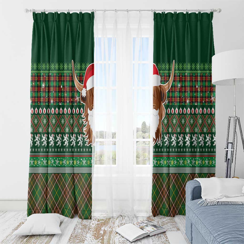 Scottish Christmas Window Curtain Highland Cattle-Xmas Tartan Stripes Style Green Color - Wonder Print Shop